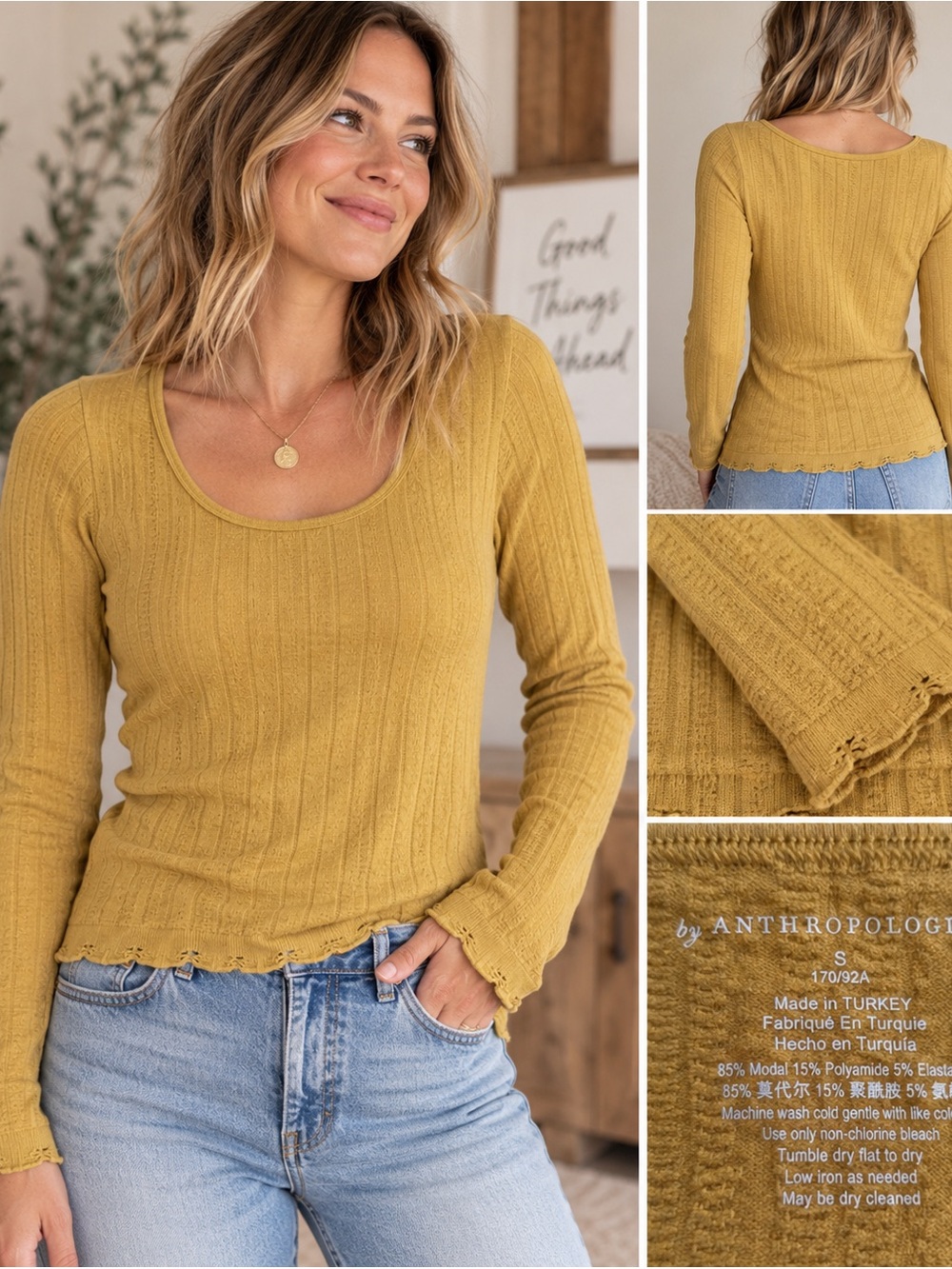 Anthropologie Ribbed Long Sleeve Top Small Mustard Gold